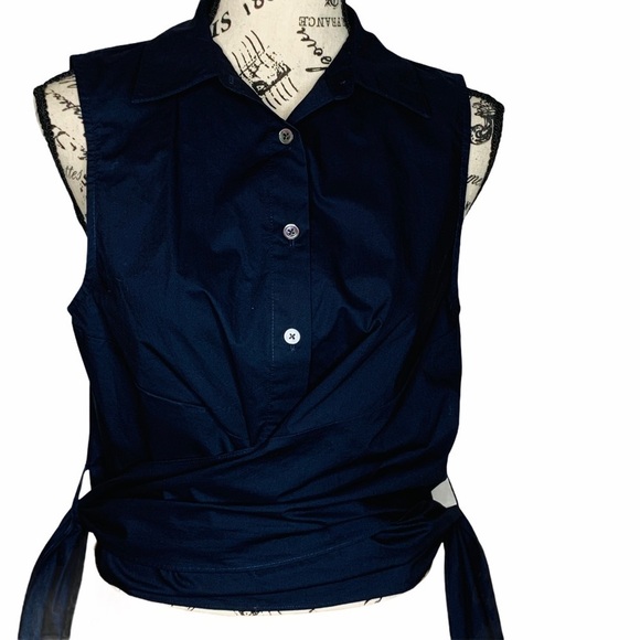 Derek Lam 10 Crosby Navy Blue Sleeveless Button Blouse SZ 6 NWT Twist Tie Cotton - Picture 3 of 13